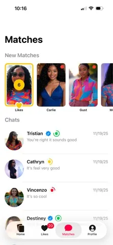 Aria app — Matches screen with new matches and chats
